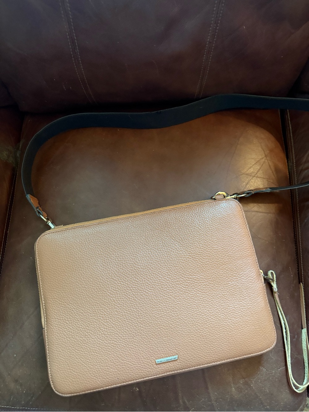 NWOT Rebecca Minkoff Regan 13" Leather Laptop Crossbody Sleeve Bag Tan